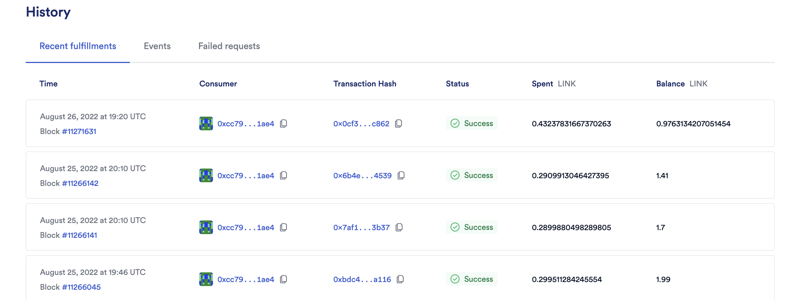 VRF v2 UI recent fulfill